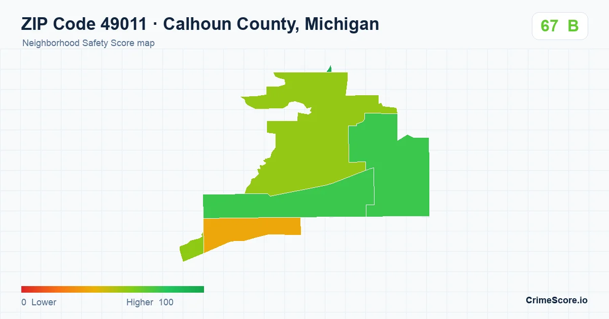 ZIP Code 49011 in Calhoun County, Michigan neighborhood Safety Score map