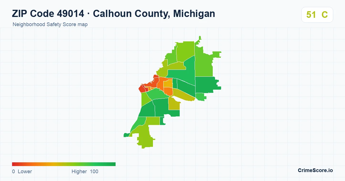 ZIP Code 49014 in Calhoun County, Michigan neighborhood Safety Score map