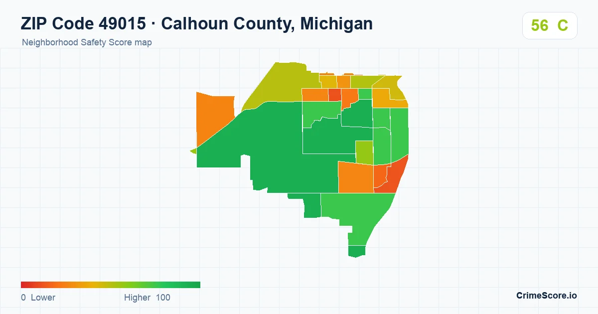 ZIP Code 49015 in Calhoun County, Michigan neighborhood Safety Score map