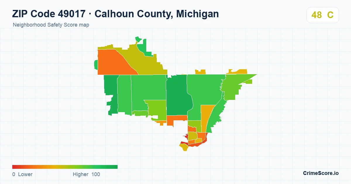 ZIP Code 49017 in Calhoun County, Michigan neighborhood Safety Score map