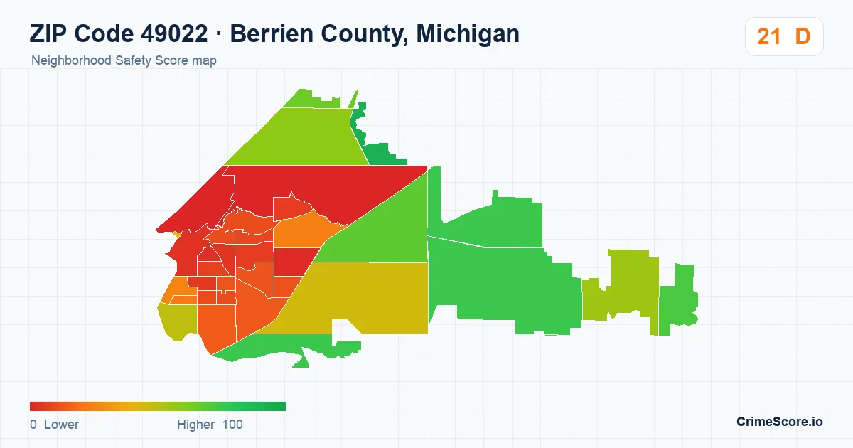 ZIP Code 49022 in Berrien County, Michigan neighborhood Safety Score map