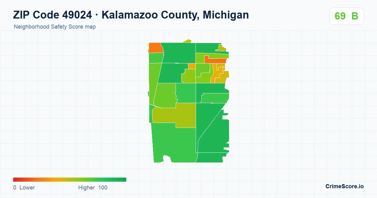 ZIP Code 49024 in Kalamazoo County, Michigan neighborhood Safety Score map