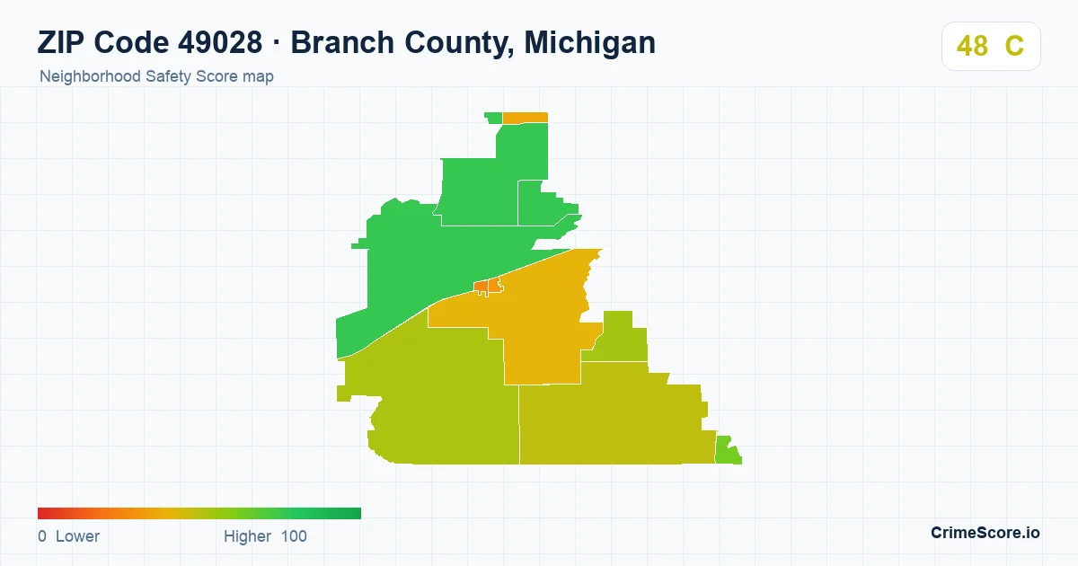 ZIP Code 49028 in Branch County, Michigan neighborhood Safety Score map