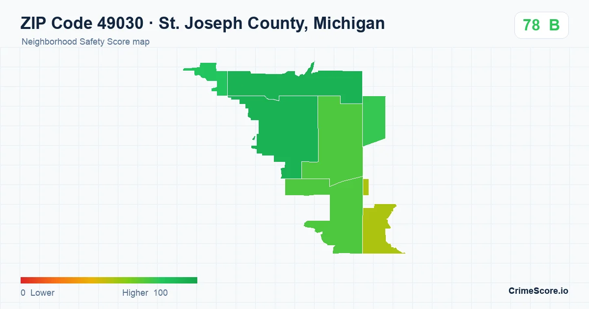 ZIP Code 49030 in St. Joseph County, Michigan neighborhood Safety Score map