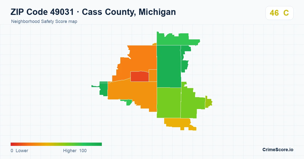 ZIP Code 49031 in Cass County, Michigan neighborhood Safety Score map