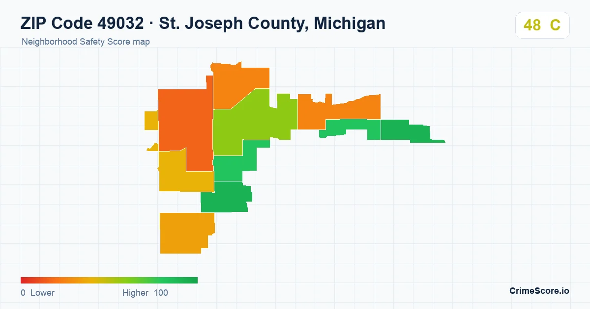 ZIP Code 49032 in St. Joseph County, Michigan neighborhood Safety Score map