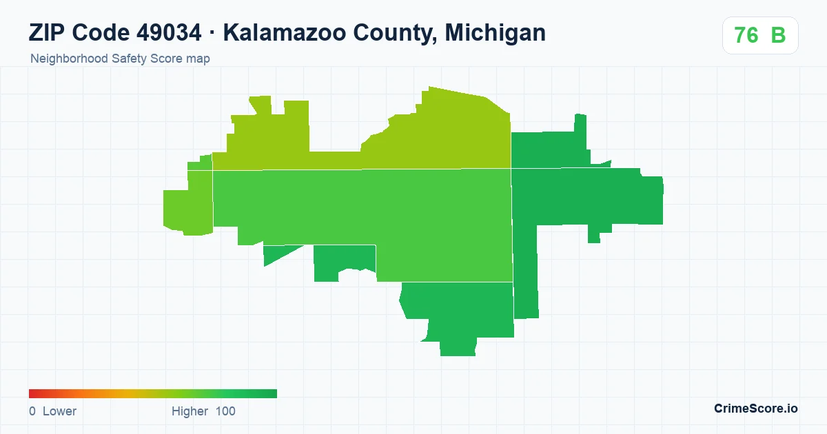 ZIP Code 49034 in Kalamazoo County, Michigan neighborhood Safety Score map