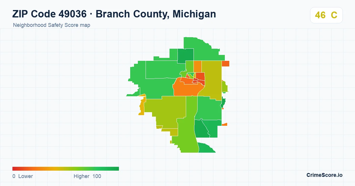 ZIP Code 49036 in Branch County, Michigan neighborhood Safety Score map