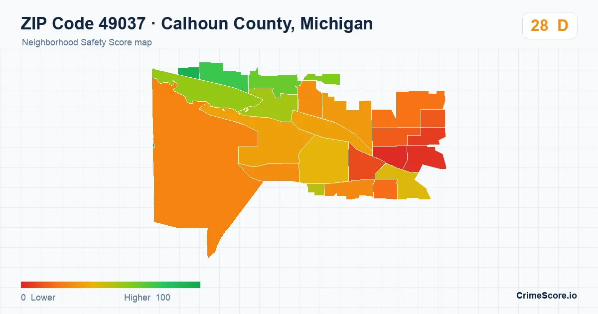 ZIP Code 49037 in Calhoun County, Michigan neighborhood Safety Score map