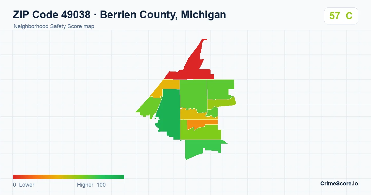 ZIP Code 49038 in Berrien County, Michigan neighborhood Safety Score map