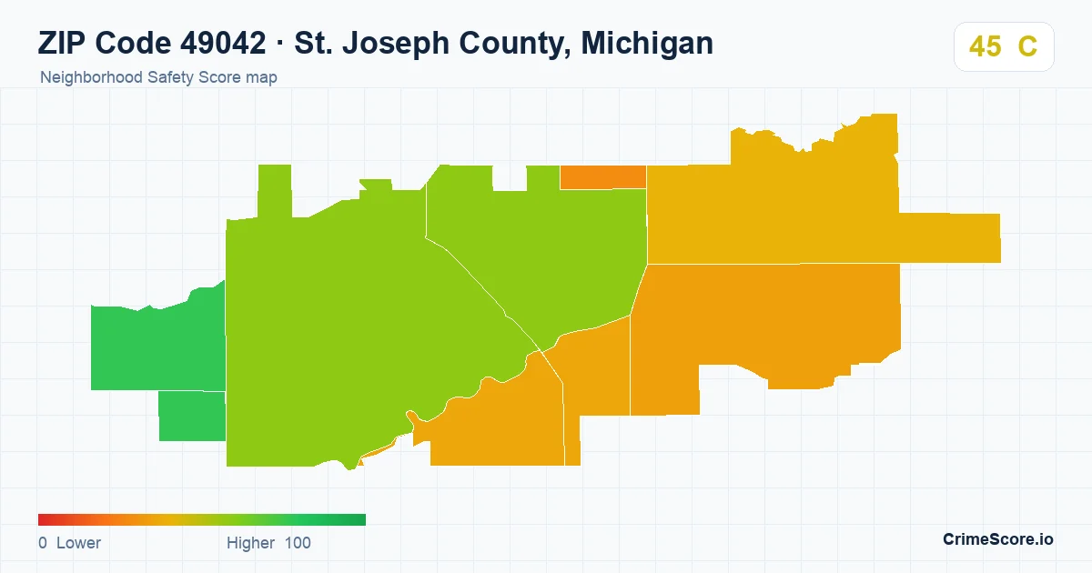 ZIP Code 49042 in St. Joseph County, Michigan neighborhood Safety Score map