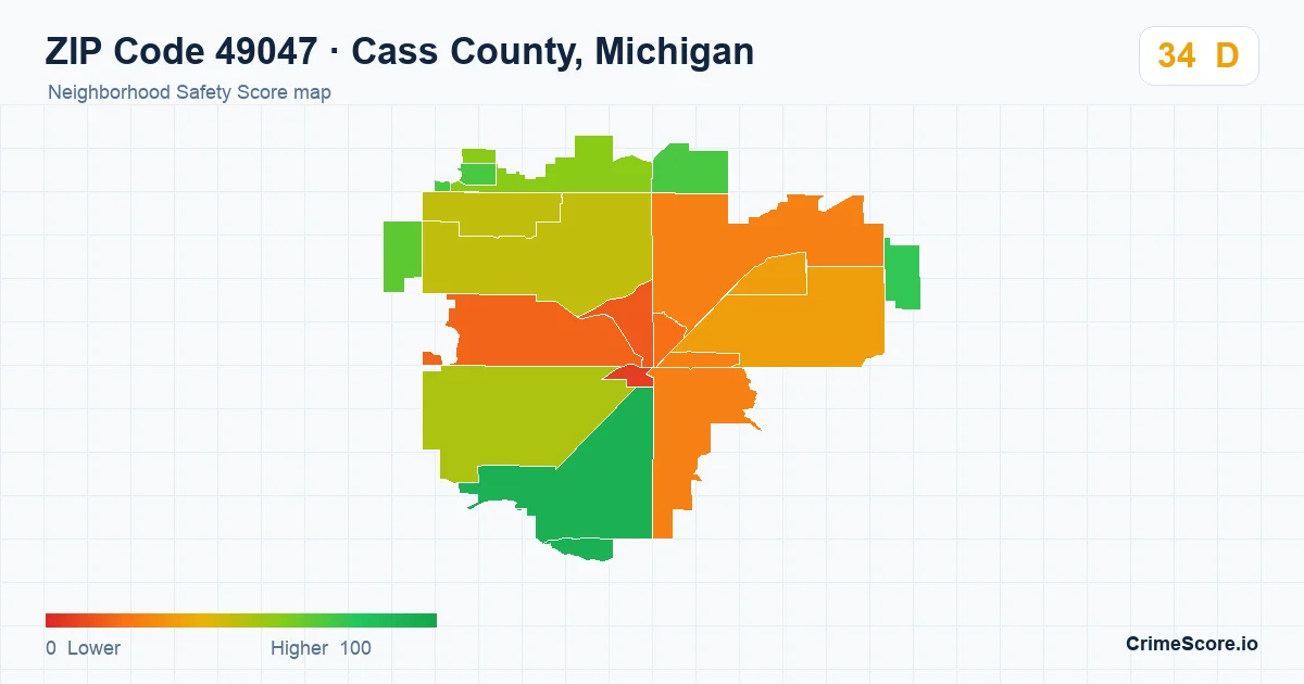 ZIP Code 49047 in Cass County, Michigan neighborhood Safety Score map