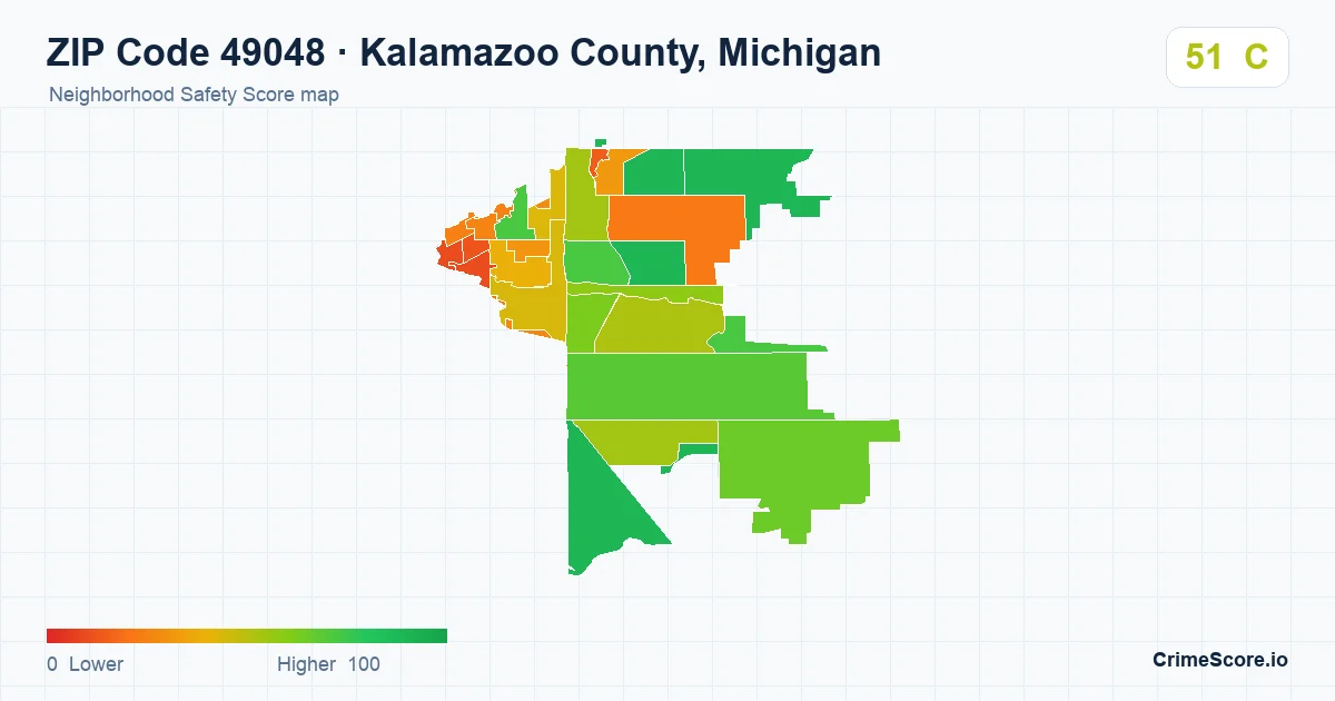 ZIP Code 49048 in Kalamazoo County, Michigan neighborhood Safety Score map