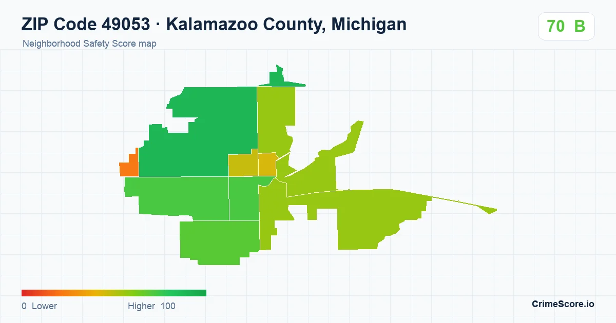 ZIP Code 49053 in Kalamazoo County, Michigan neighborhood Safety Score map