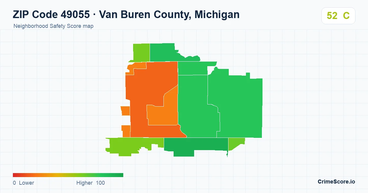ZIP Code 49055 in Van Buren County, Michigan neighborhood Safety Score map