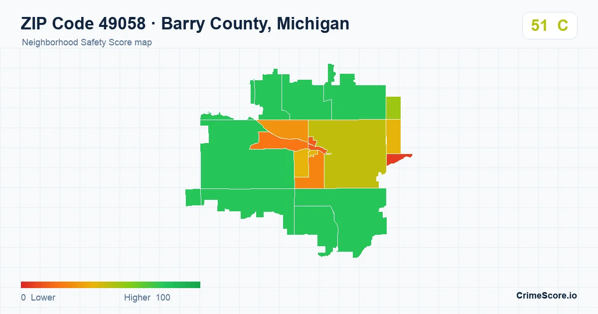 ZIP Code 49058 in Barry County, Michigan neighborhood Safety Score map