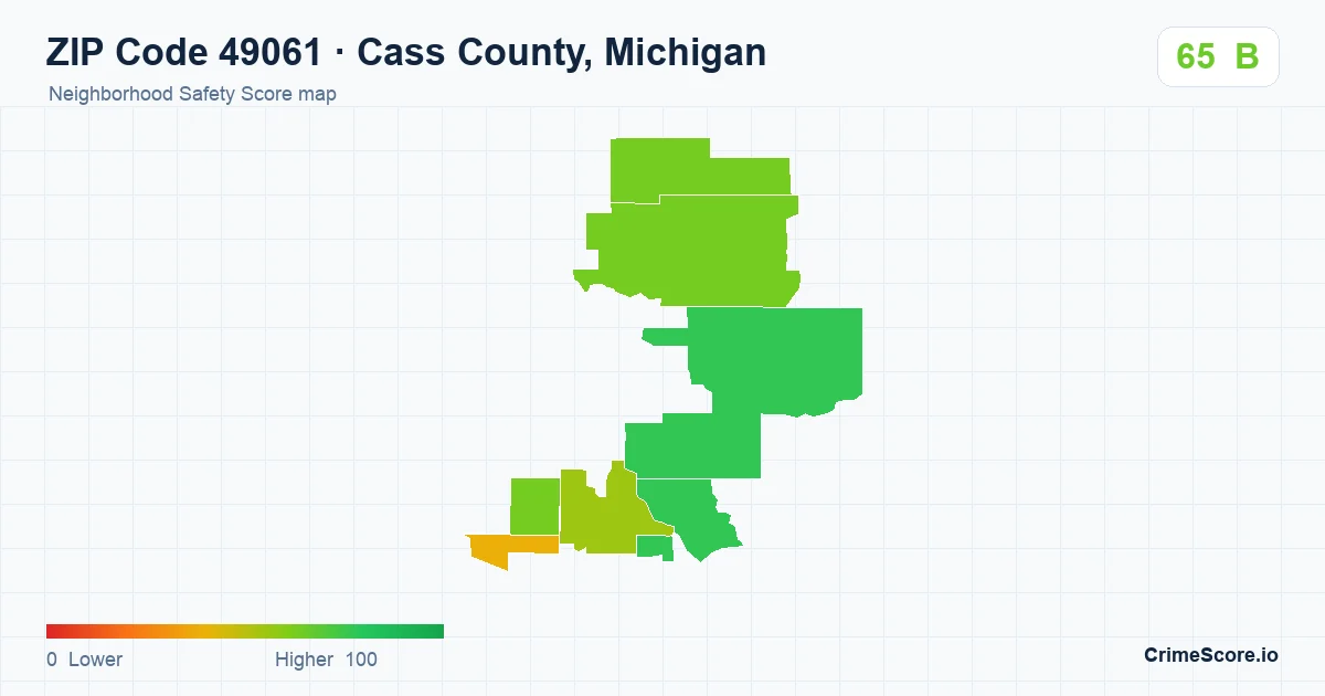 ZIP Code 49061 in Cass County, Michigan neighborhood Safety Score map