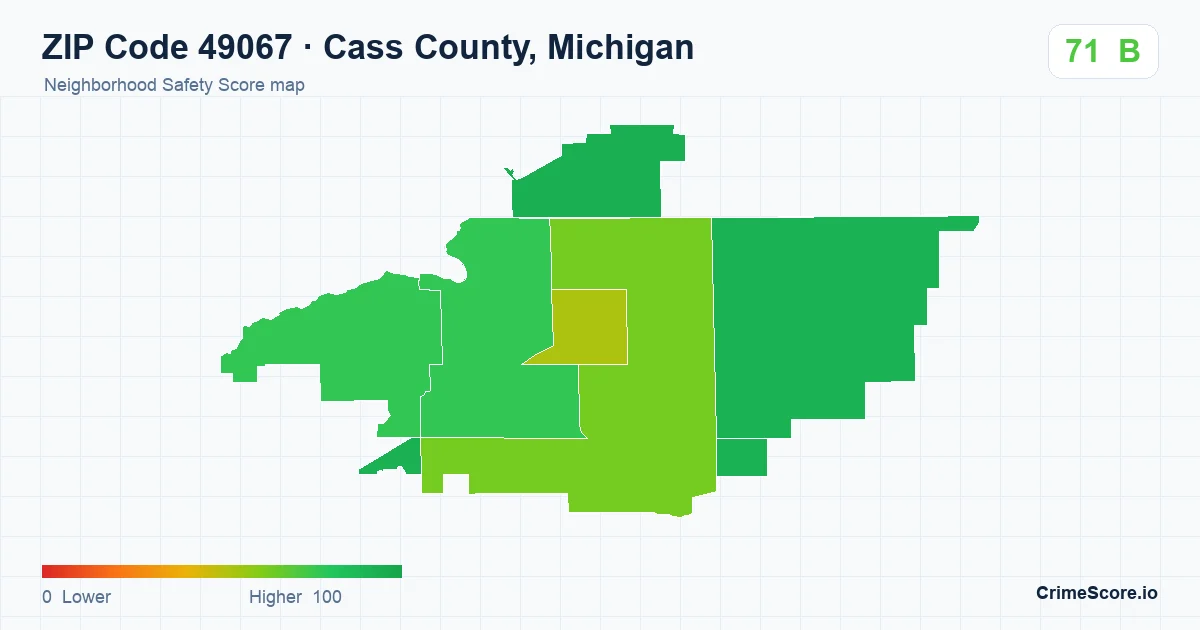 ZIP Code 49067 in Cass County, Michigan neighborhood Safety Score map