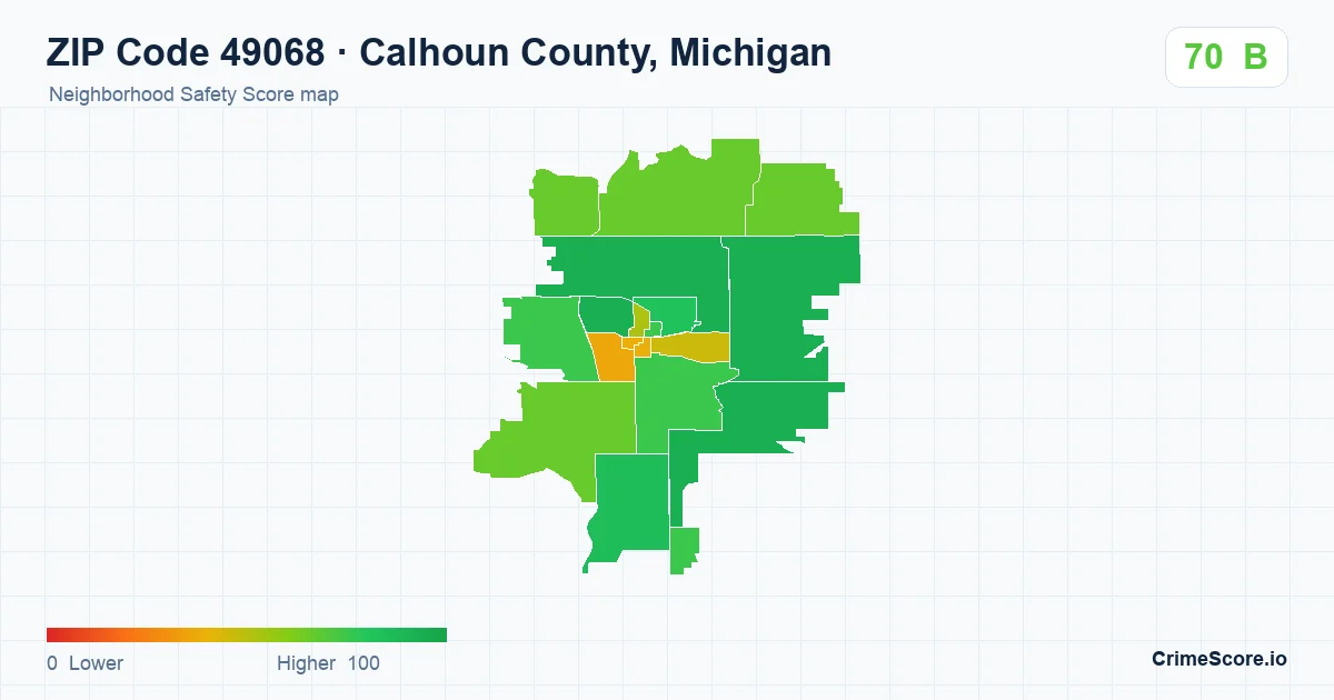 ZIP Code 49068 in Calhoun County, Michigan neighborhood Safety Score map