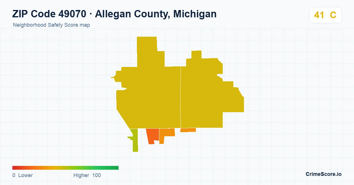 ZIP Code 49070 in Allegan County, Michigan neighborhood Safety Score map