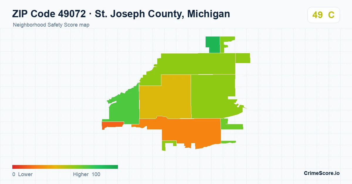 ZIP Code 49072 in St. Joseph County, Michigan neighborhood Safety Score map