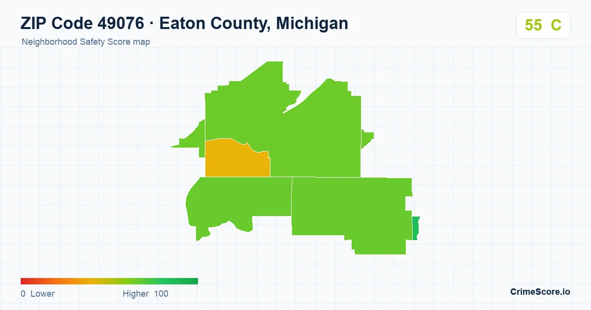 ZIP Code 49076 in Eaton County, Michigan neighborhood Safety Score map