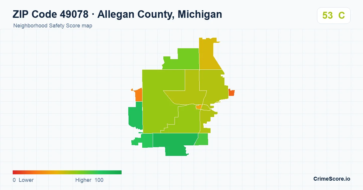 ZIP Code 49078 in Allegan County, Michigan neighborhood Safety Score map