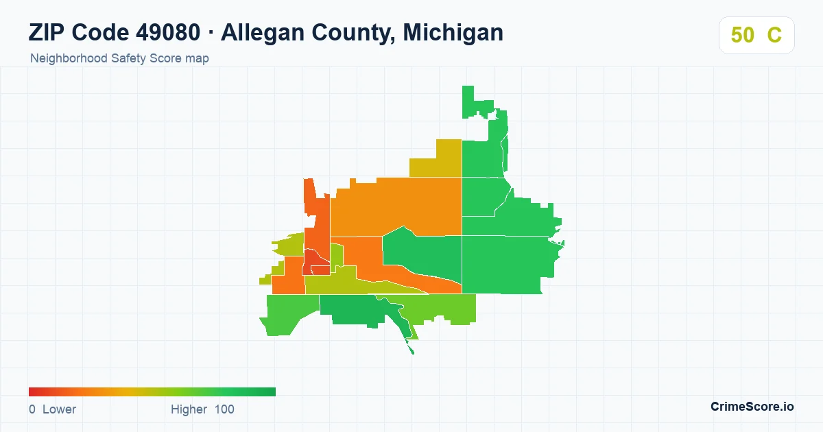 ZIP Code 49080 in Allegan County, Michigan neighborhood Safety Score map