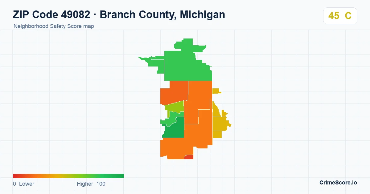 ZIP Code 49082 in Branch County, Michigan neighborhood Safety Score map