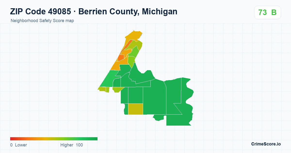 ZIP Code 49085 in Berrien County, Michigan neighborhood Safety Score map