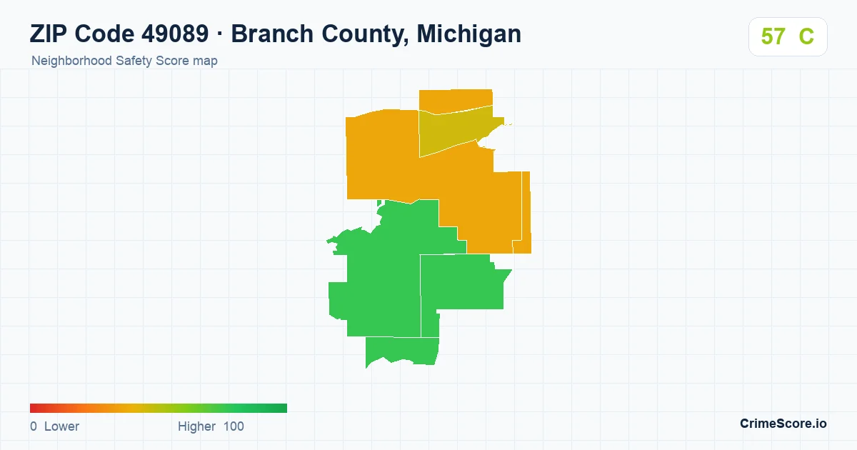 ZIP Code 49089 in Branch County, Michigan neighborhood Safety Score map