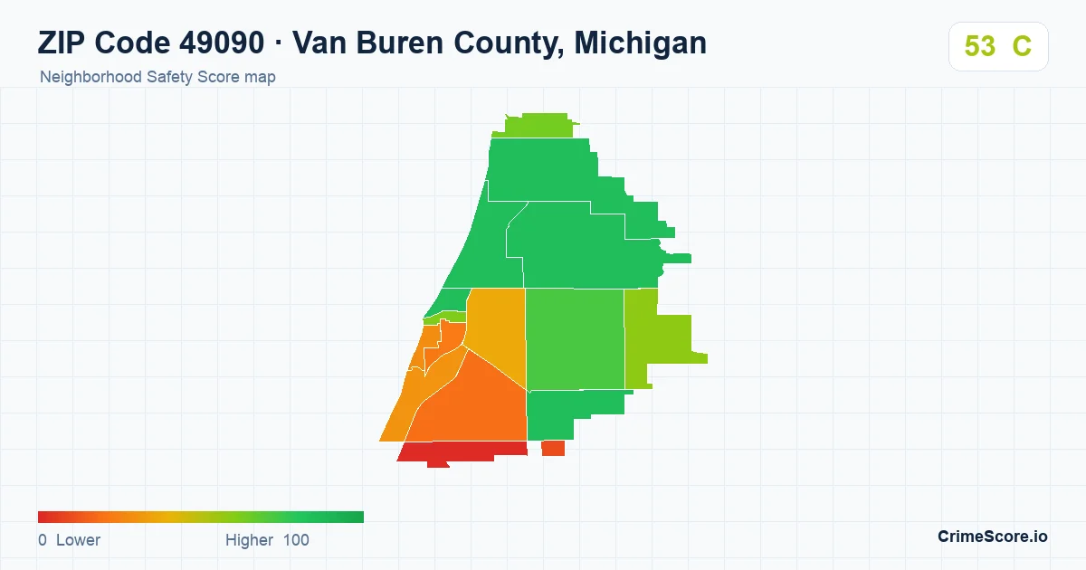 ZIP Code 49090 in Van Buren County, Michigan neighborhood Safety Score map