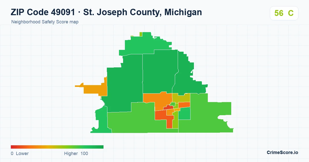 ZIP Code 49091 in St. Joseph County, Michigan neighborhood Safety Score map