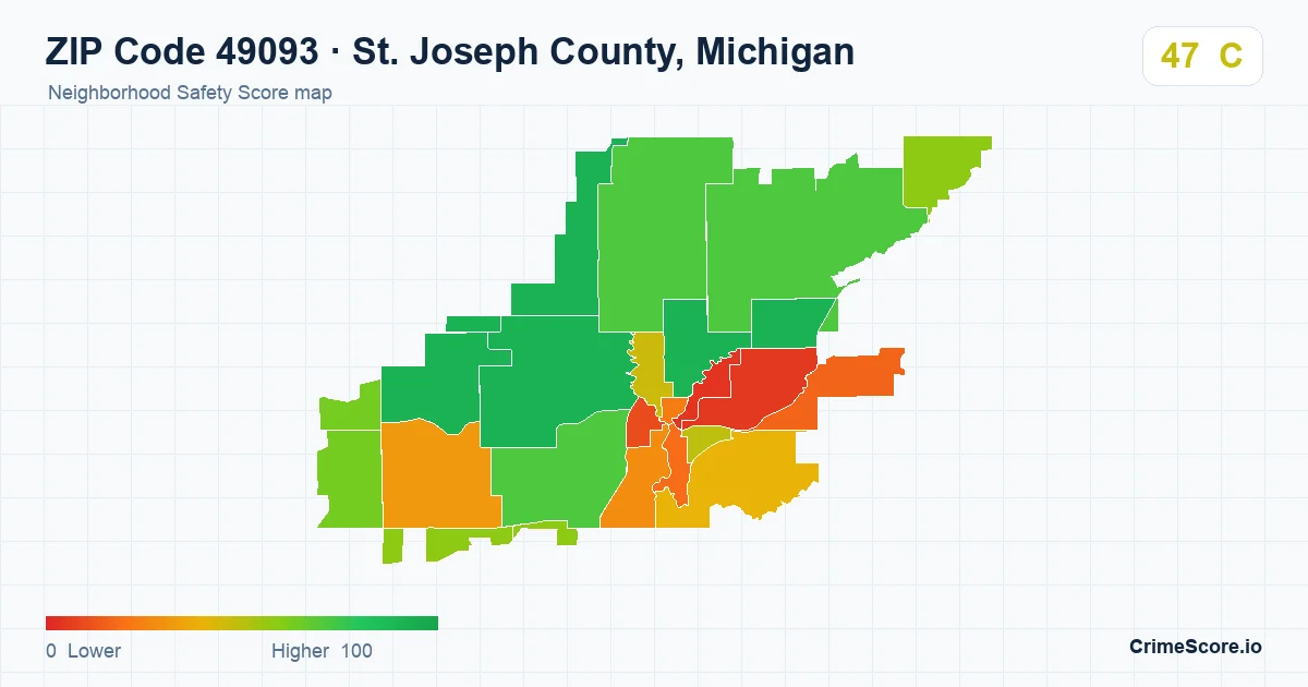 ZIP Code 49093 in St. Joseph County, Michigan neighborhood Safety Score map