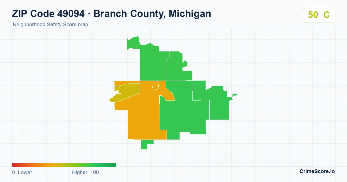 ZIP Code 49094 in Branch County, Michigan neighborhood Safety Score map