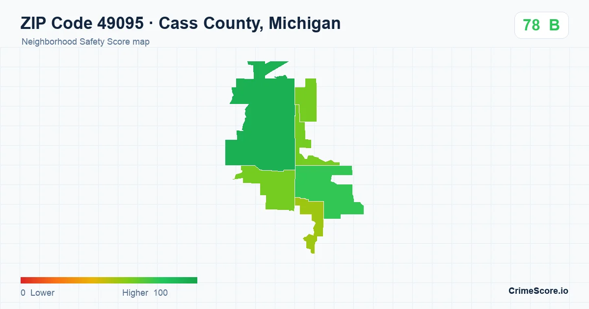 ZIP Code 49095 in Cass County, Michigan neighborhood Safety Score map