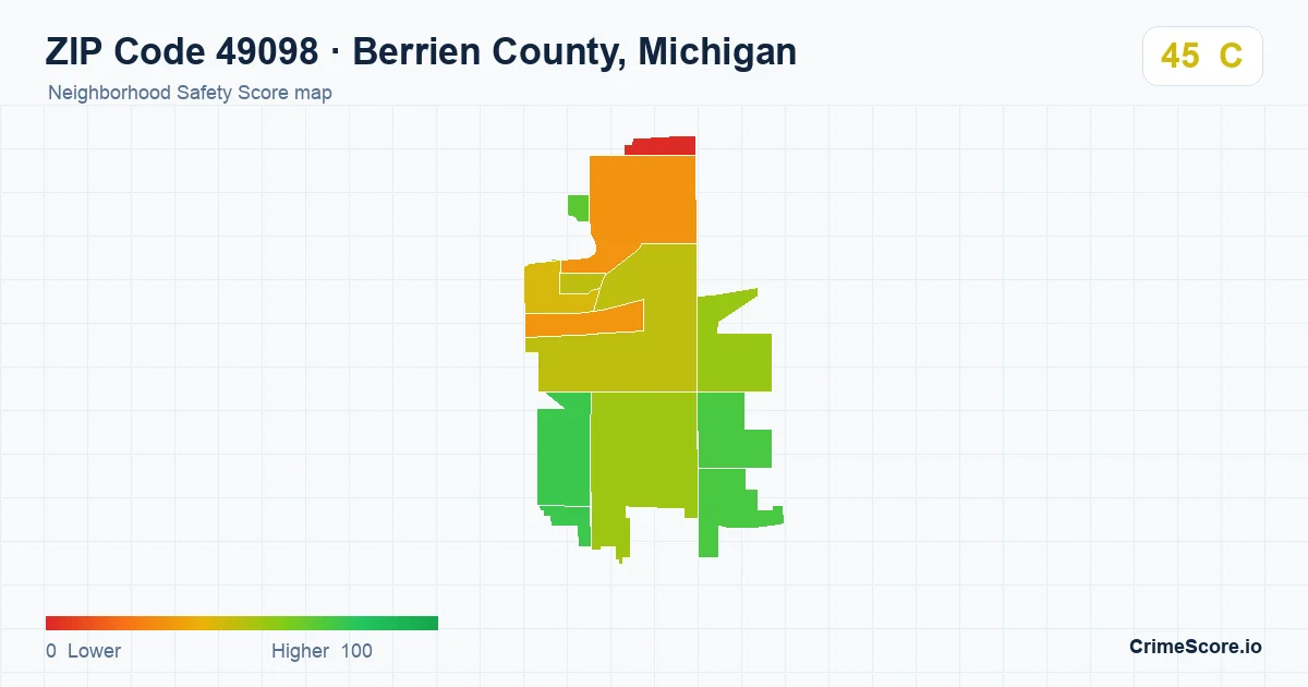 ZIP Code 49098 in Berrien County, Michigan neighborhood Safety Score map