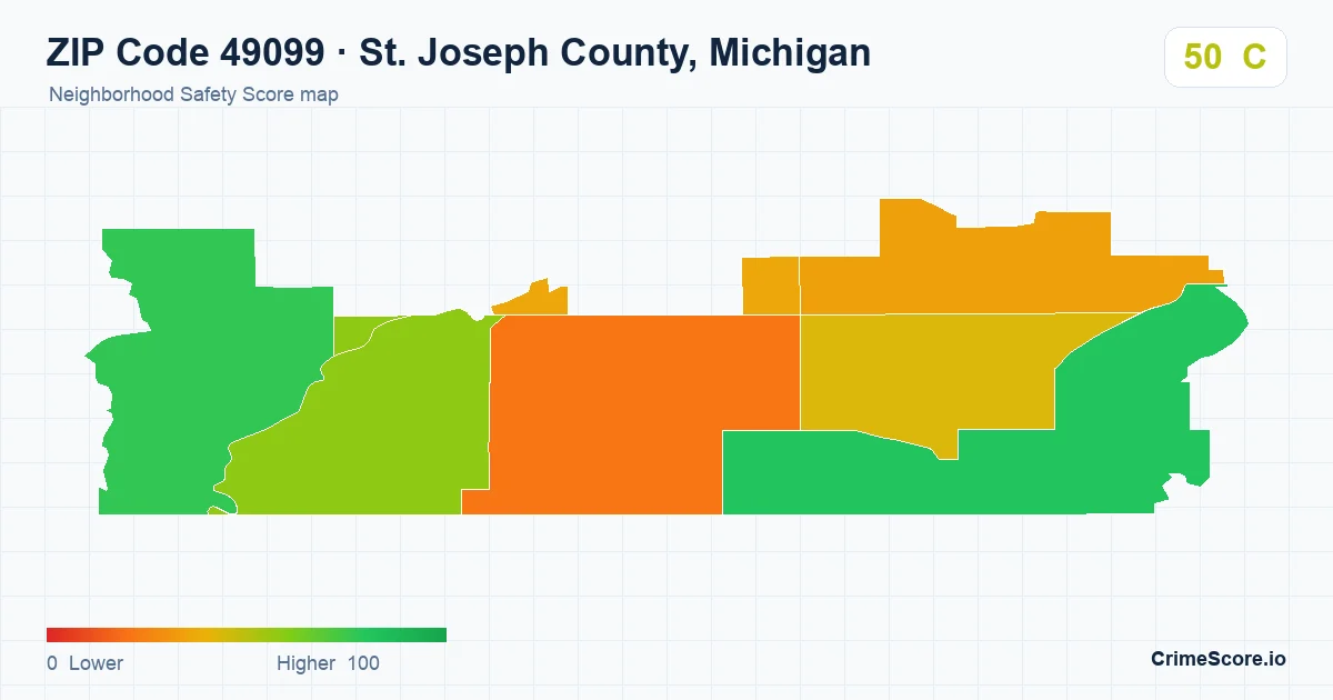 ZIP Code 49099 in St. Joseph County, Michigan neighborhood Safety Score map