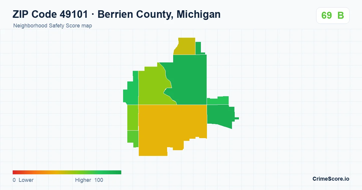 ZIP Code 49101 in Berrien County, Michigan neighborhood Safety Score map