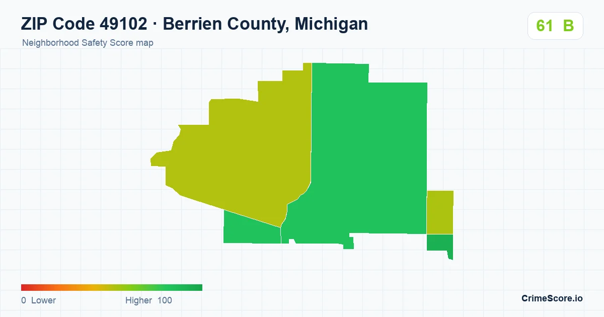 ZIP Code 49102 in Berrien County, Michigan neighborhood Safety Score map