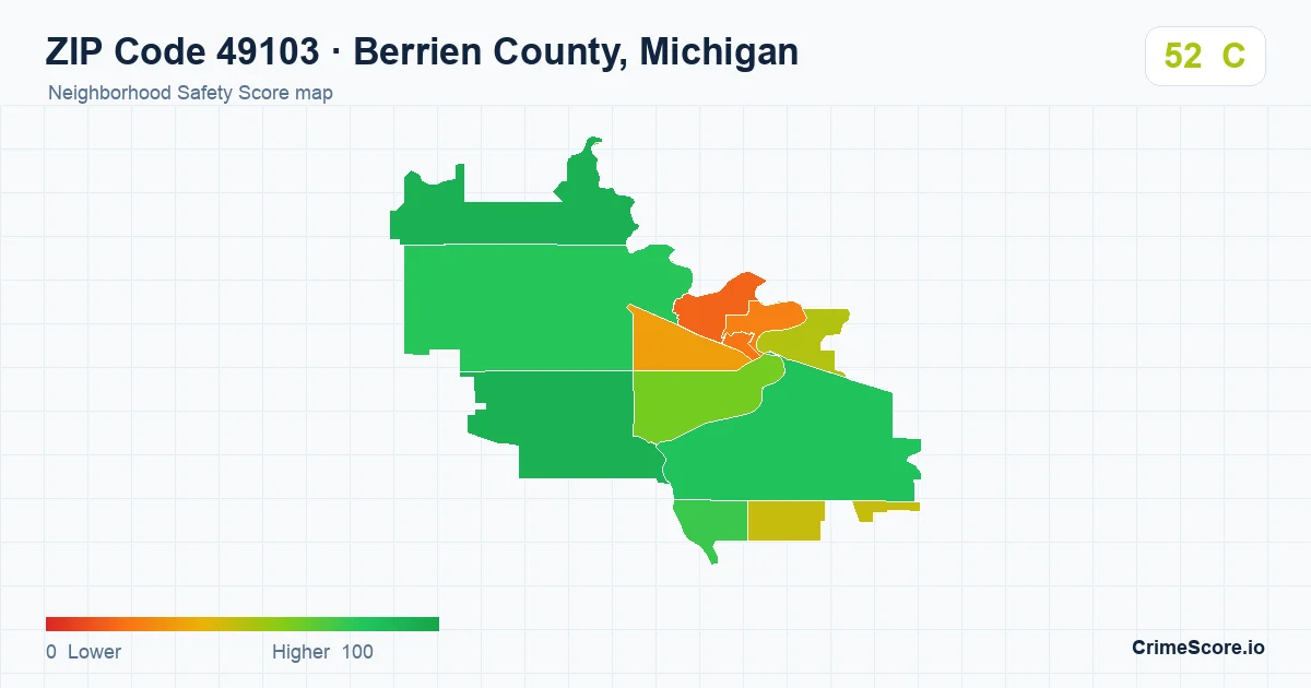 ZIP Code 49103 in Berrien County, Michigan neighborhood Safety Score map