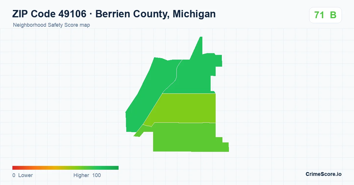 ZIP Code 49106 in Berrien County, Michigan neighborhood Safety Score map