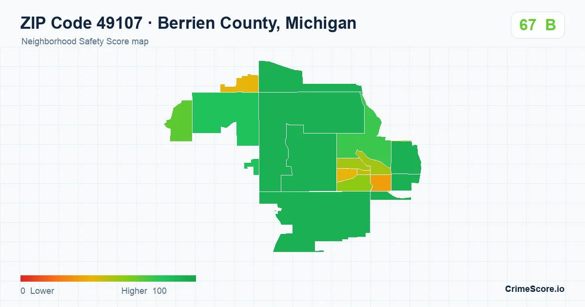 ZIP Code 49107 in Berrien County, Michigan neighborhood Safety Score map