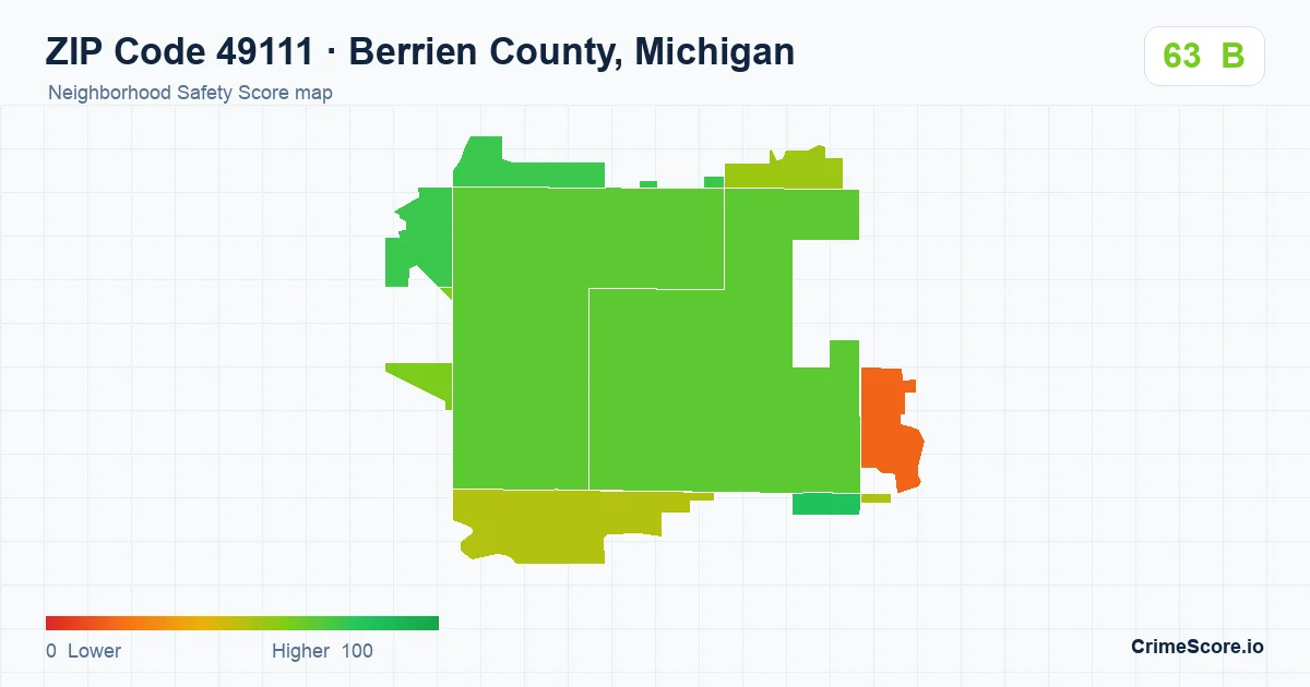 ZIP Code 49111 in Berrien County, Michigan neighborhood Safety Score map