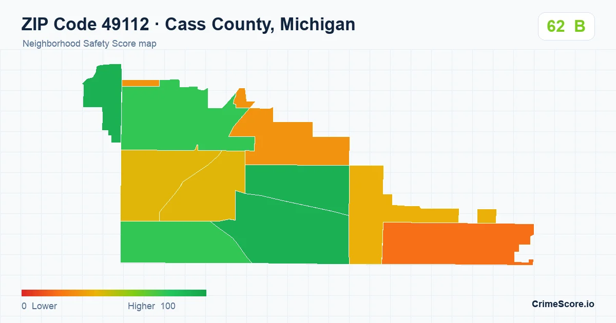 ZIP Code 49112 in Cass County, Michigan neighborhood Safety Score map