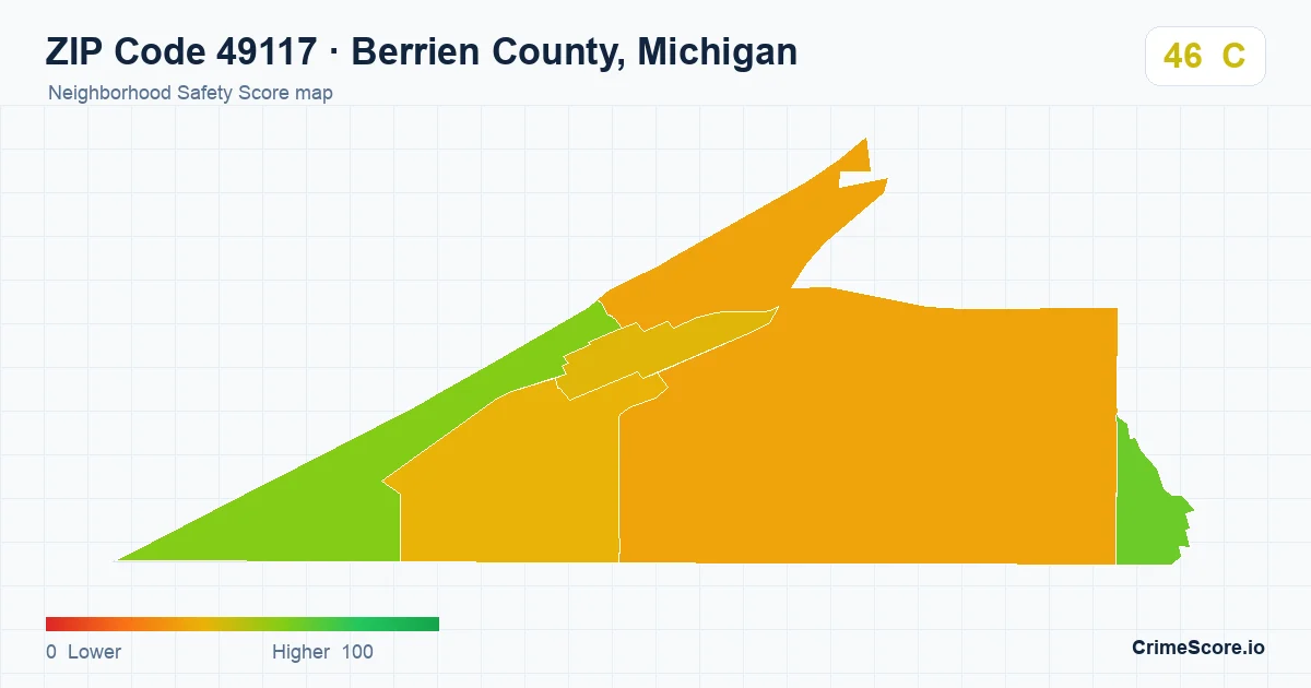 ZIP Code 49117 in Berrien County, Michigan neighborhood Safety Score map