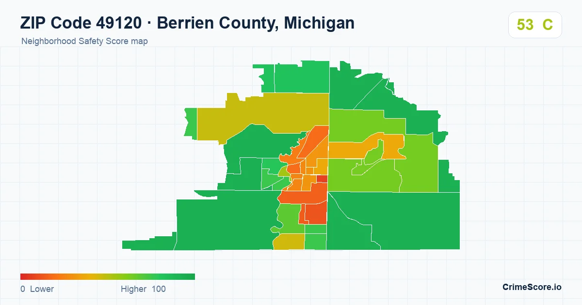 ZIP Code 49120 in Berrien County, Michigan neighborhood Safety Score map