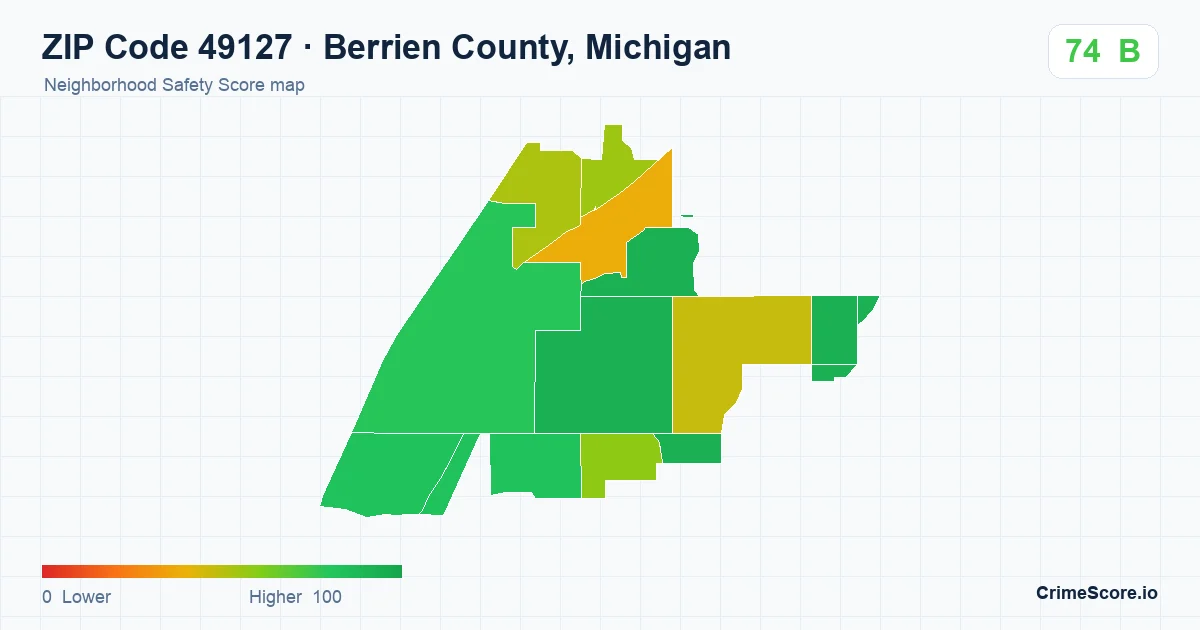 ZIP Code 49127 in Berrien County, Michigan neighborhood Safety Score map