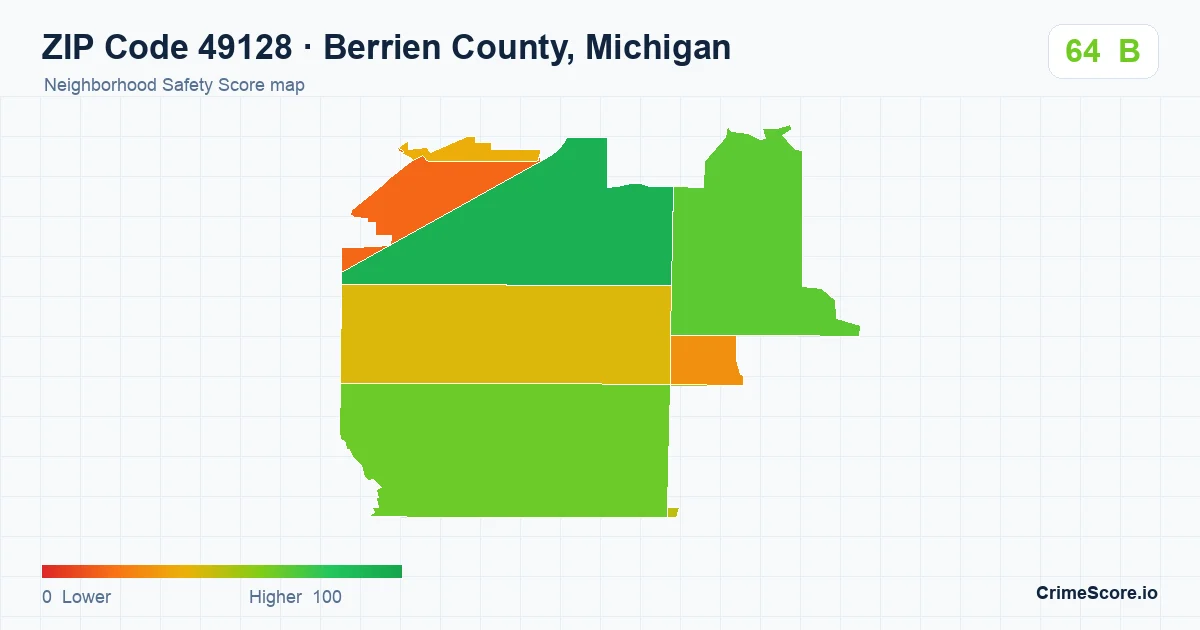 ZIP Code 49128 in Berrien County, Michigan neighborhood Safety Score map