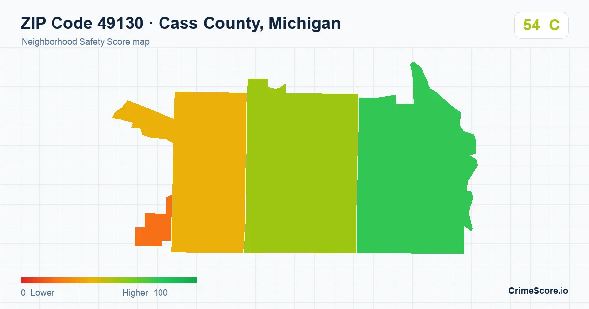 ZIP Code 49130 in Cass County, Michigan neighborhood Safety Score map